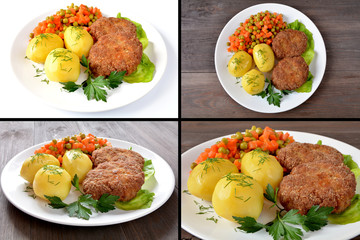 kotlety mielone z ziemniakami, marchewką i groszkiem