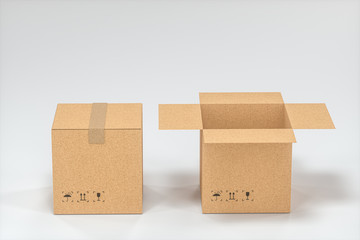 The cartons are stacked against a white background, 3d rendering.