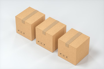 The cartons are stacked against a white background, 3d rendering.