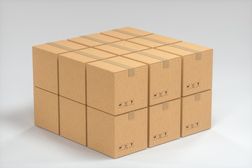 The cartons are stacked against a white background, 3d rendering.