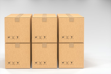 The cartons are stacked against a white background, 3d rendering.