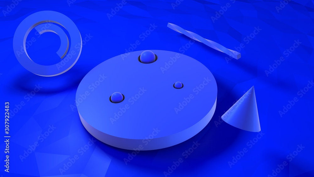 Poster 3d rendering of a background composition of several blue geometric shapes on a blue background. mini