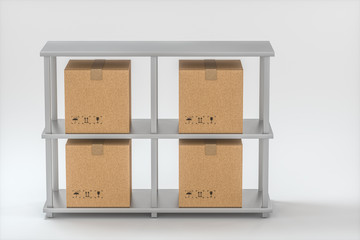 The cartons are put on neatly arranged shelves, 3d rendering.