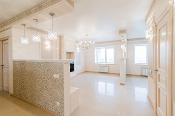Russia, Omsk- August 02, 2019: interior room apartment. standard repair decoration in hostel. bright empty room unfurnished, lighting fixtures