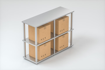 The cartons are put on neatly arranged shelves, 3d rendering.