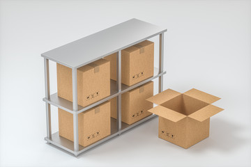 The cartons are put on neatly arranged shelves, 3d rendering.