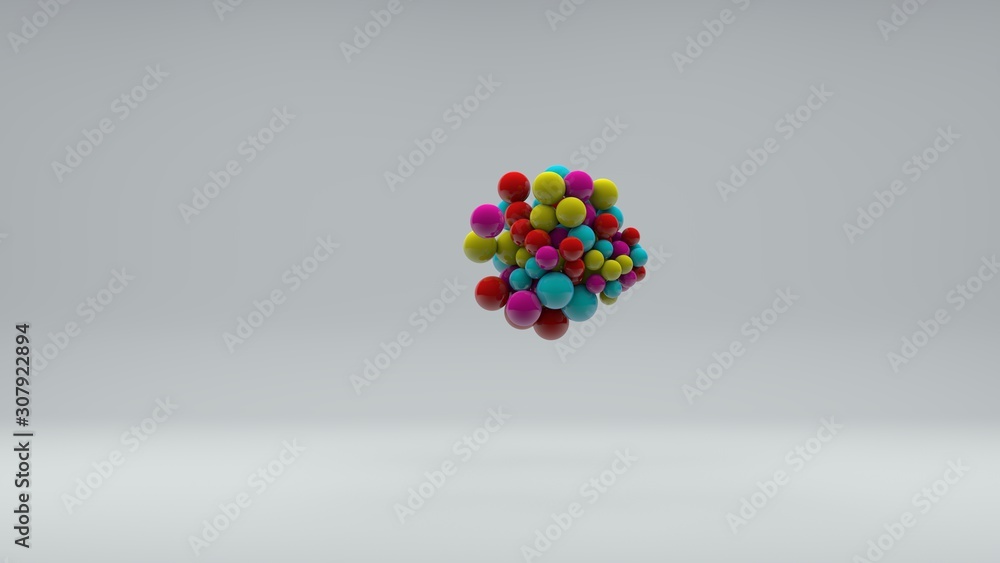 Poster 3d illustration of many colored balls of different sizes on a white background. vitamins in space, a