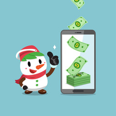 Merry Christmas vector cartoon snowman earning money with smartphone for design.