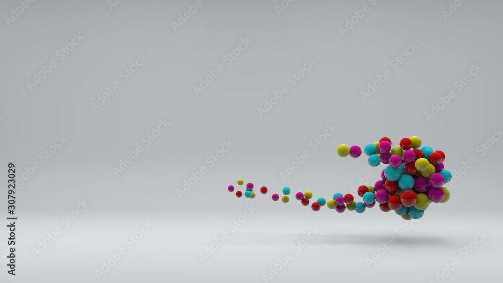 Poster 3d illustration of many colored balls of different sizes on a white background. vitamins in space, a