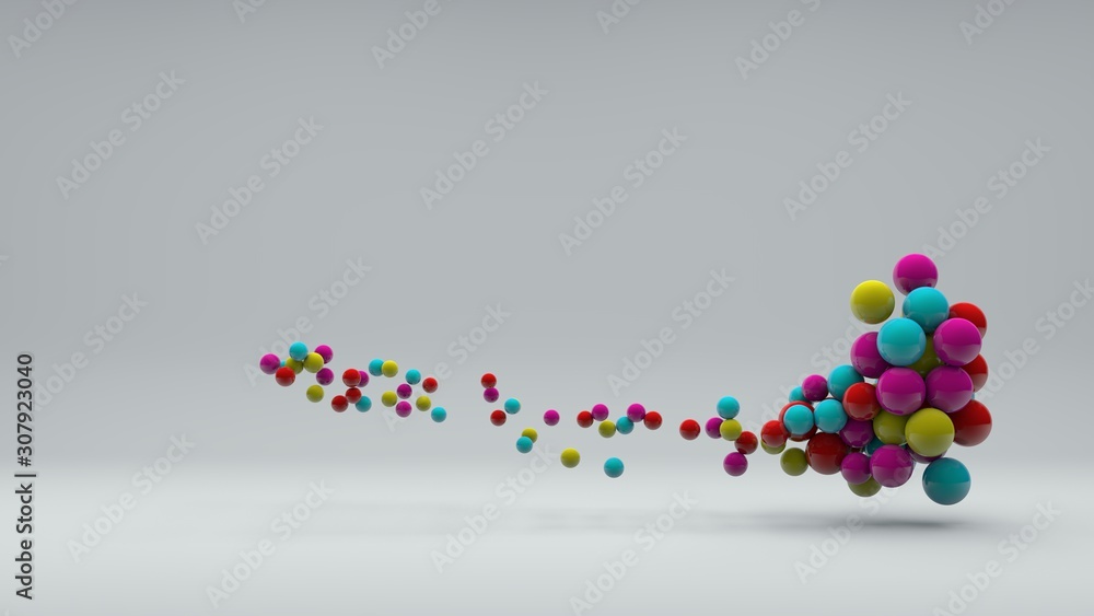 Poster 3d illustration of many colored balls of different sizes on a white background. vitamins in space, a