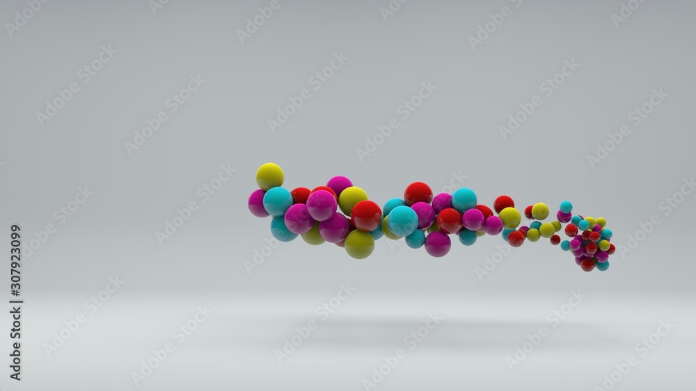 Poster 3d illustration of many colored balls of different sizes on a white background. vitamins in space, a