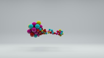 3D illustration of many colored balls of different sizes on a white background. Vitamins in space, a burst of laughter and energy. Abstract composition, 3D rendering