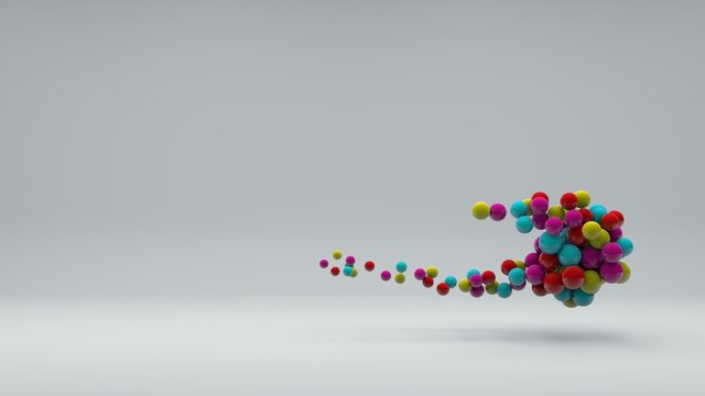 3D illustration of many colored balls of different sizes on a white background. Vitamins in space, a burst of laughter and energy. Abstract composition, 3D rendering