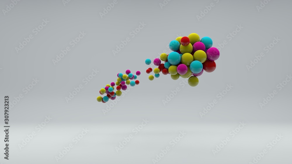 Poster 3d illustration of many colored balls of different sizes on a white background. vitamins in space, a