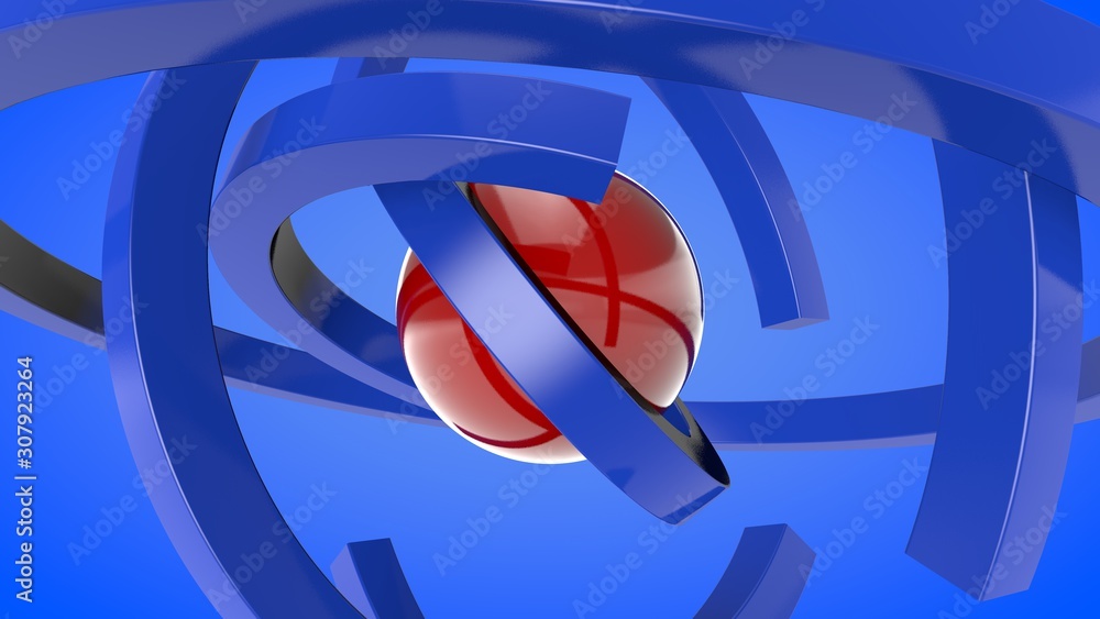 Poster 3d rendering of abstract composition. red sphere in the center of a set of blue rings of different d