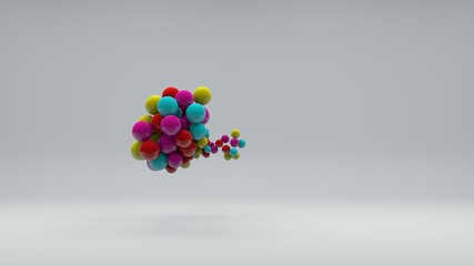 3D illustration of many colored balls of different sizes on a white background. Vitamins in space, a burst of laughter and energy. Abstract composition, 3D rendering