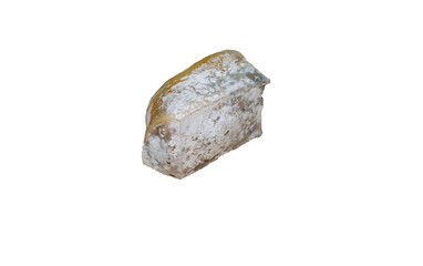 A small square piece of spoiled hard cheese with green and white mold on it. Isolated on a white background.