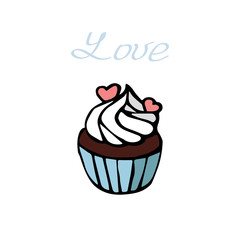 Cake with cream and two hearts isolated on white background. Hand drawn illustration with lettering word Love.