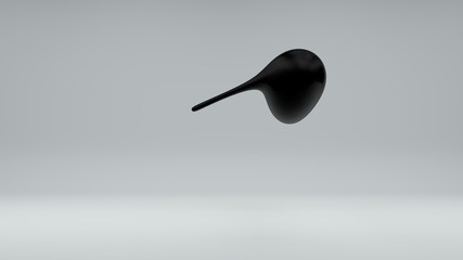 3D illustration of a drop of oil incomprehensible, irregular shape, black. The drop curves in space on a white background. 3D rendering of an amorphous body, abstraction. The idea of refining