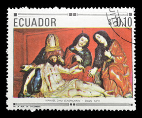Cancelled postage stamp printed by Ecuador, that shows Religious motive, circa 1970.