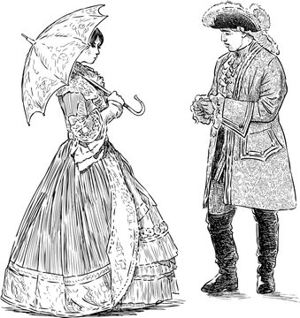 Sketches of people couple in luxury clothing of 18th century standing and conversating