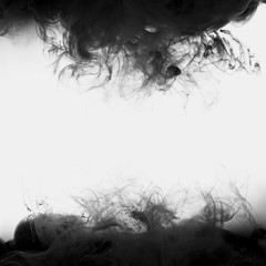 Abstract black smoke over gray background. Paint and ink swirl in the water. Square banner concept...