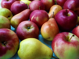 close-up of apples and pears