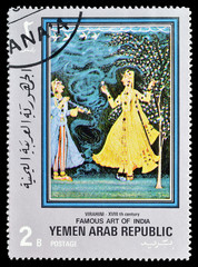 Cancelled postage stamp printed by Yemen Arab Republic, that shows Famous art of India and Persia,...