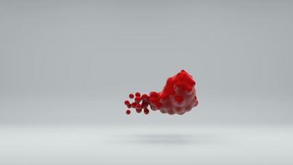 3D illustration of a set of red balls in space on a white background. Balls merge and disintegrate. Abstract image, 3D rendering. Idea for screensavers and abstract design.