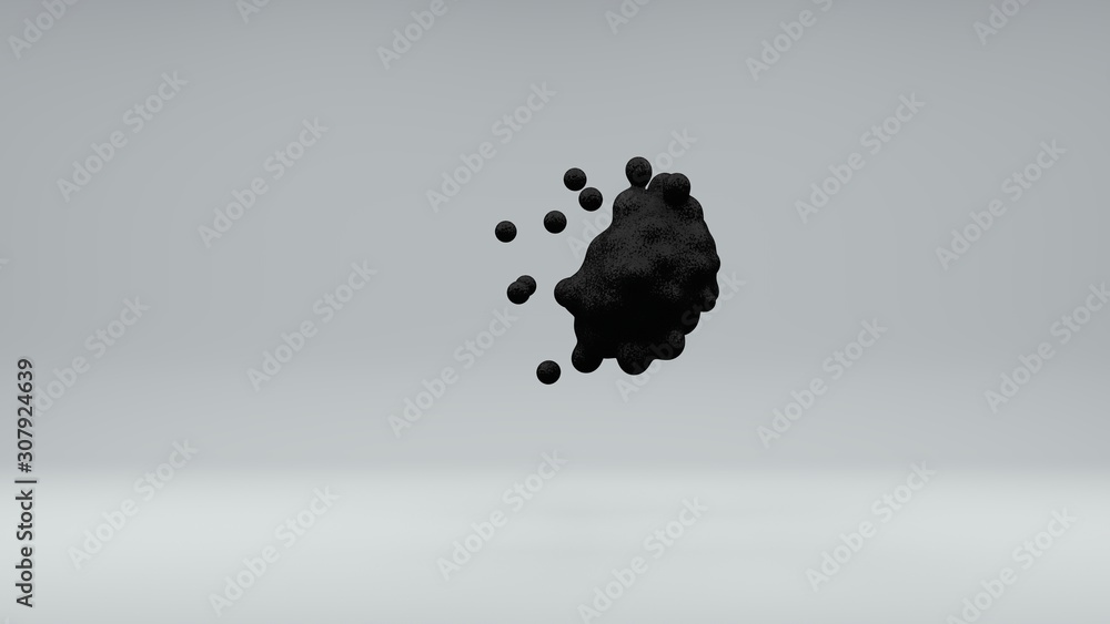 Poster 3d illustration of a set of black oil balls in space on a white background. balls merge and disinteg