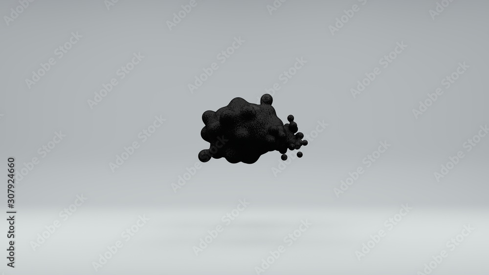 Poster 3d illustration of a set of black oil balls in space on a white background. balls merge and disinteg