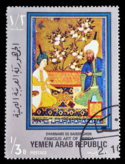 Cancelled postage stamp printed by Yemen Arab Republic, that shows Famous art of India and Persia,...