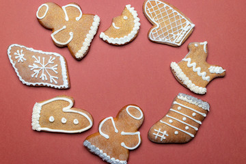 Christmas candy. Christmas frame with gingerbread cookies. Merry Christmas greeting card, banner. Winter holiday xmas theme. Happy New Year. Space for text