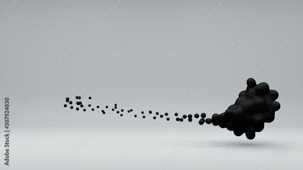 Poster 3d illustration of a set of black oil balls in space on a white background. balls merge and disinteg