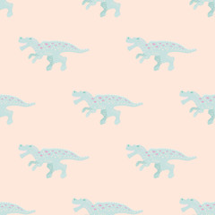 Cute turquoise dinosaur simple seamless pattern on blush pink.