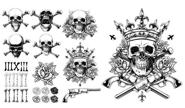 Graphic detailed black and white human skulls in crown with bones, roses and revolver. Isolated on white background. Big vector icon set.