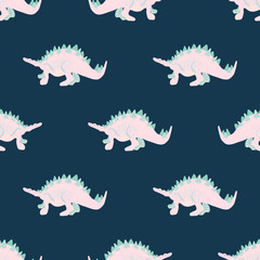 Pink girl dinosaur seamless pattern on blue.
