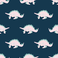 Pink girl dinosaur seamless pattern on blue.