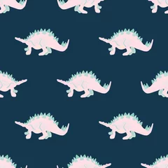 Muurstickers Dinosaurussen Het roze naadloze patroon van de meisjesdinosaurus op blauw.