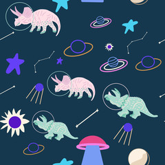 Space dino seamless pattern on blue