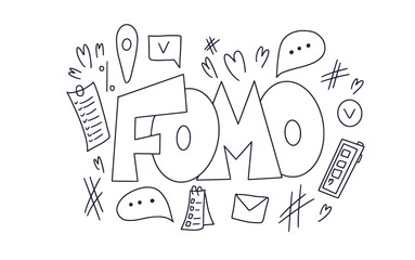 Fomo vector hand drawn text. Stylized word.