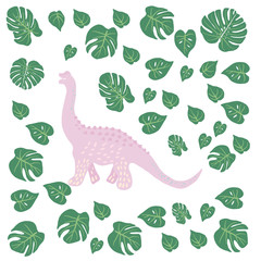 Pink Dinosaur with tropical flowers, monstera leaves on white.