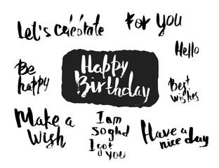 Happy birthday grunge ink phrases set. Vector text.