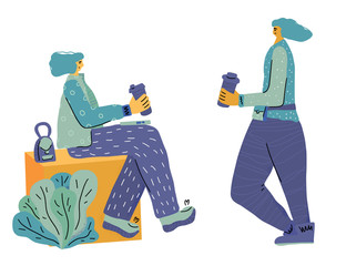 Coffee break. Girl with hot drink. Vector design.