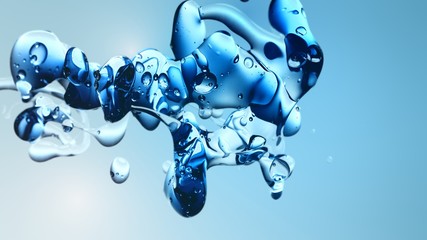 transparent blue oil bubbles and fluid shapes in purified water on a blue gradient background. Side...