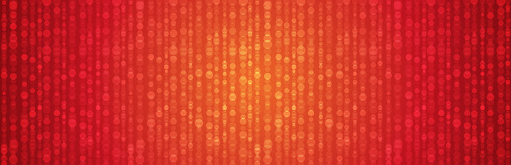 Red banner for holidays or disco background. Golden background with circles bokeh. Christmas and Happy New Year greeting banner. Horizontal holiday background, headers, posters, website, Illustration