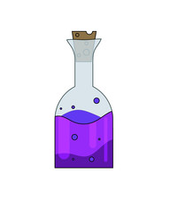 Bottle with magic purple potion isolated on a white background, vector flat illustration.