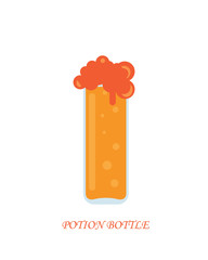 Bottle with magic orange potion isolated on a white background, vector flat illustration.