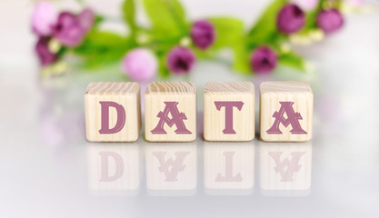 Text of the word DATA on wooden cubes by light wooden table. Flowers in the background