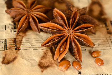 Star anise spice. Dry star anise fruits with seeds on old crumpled brown sheet music paper background. Close-up view of illicium verum or chinese badiane.